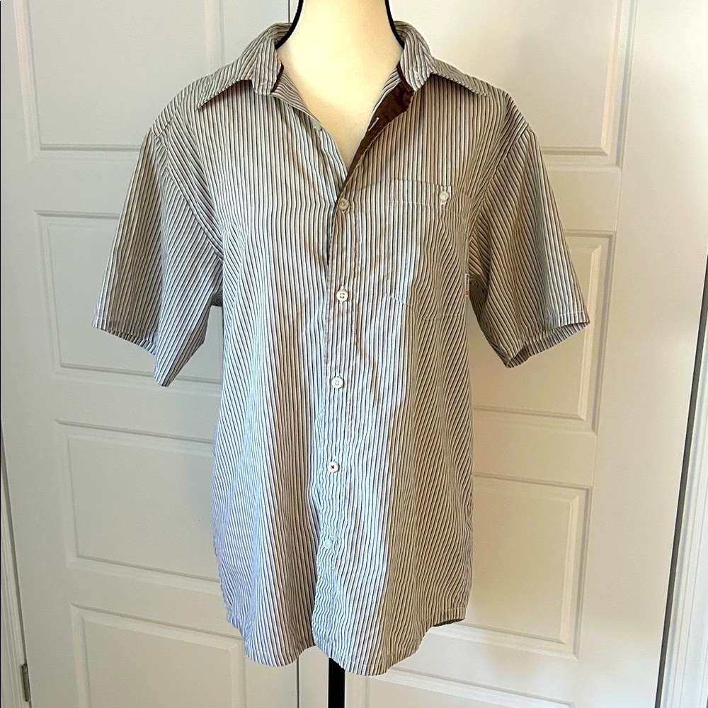 Element Men's Brown Gray Striped Button-Down Short Sleeve Single Pocket Shirt